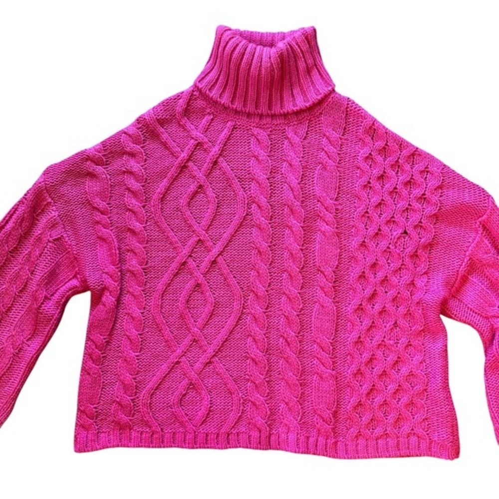 Judith March‎ Hot Pink Cable Knit Turtleneck Cropped Sweater Whimsy Cottagecore - Picture 6 of 6